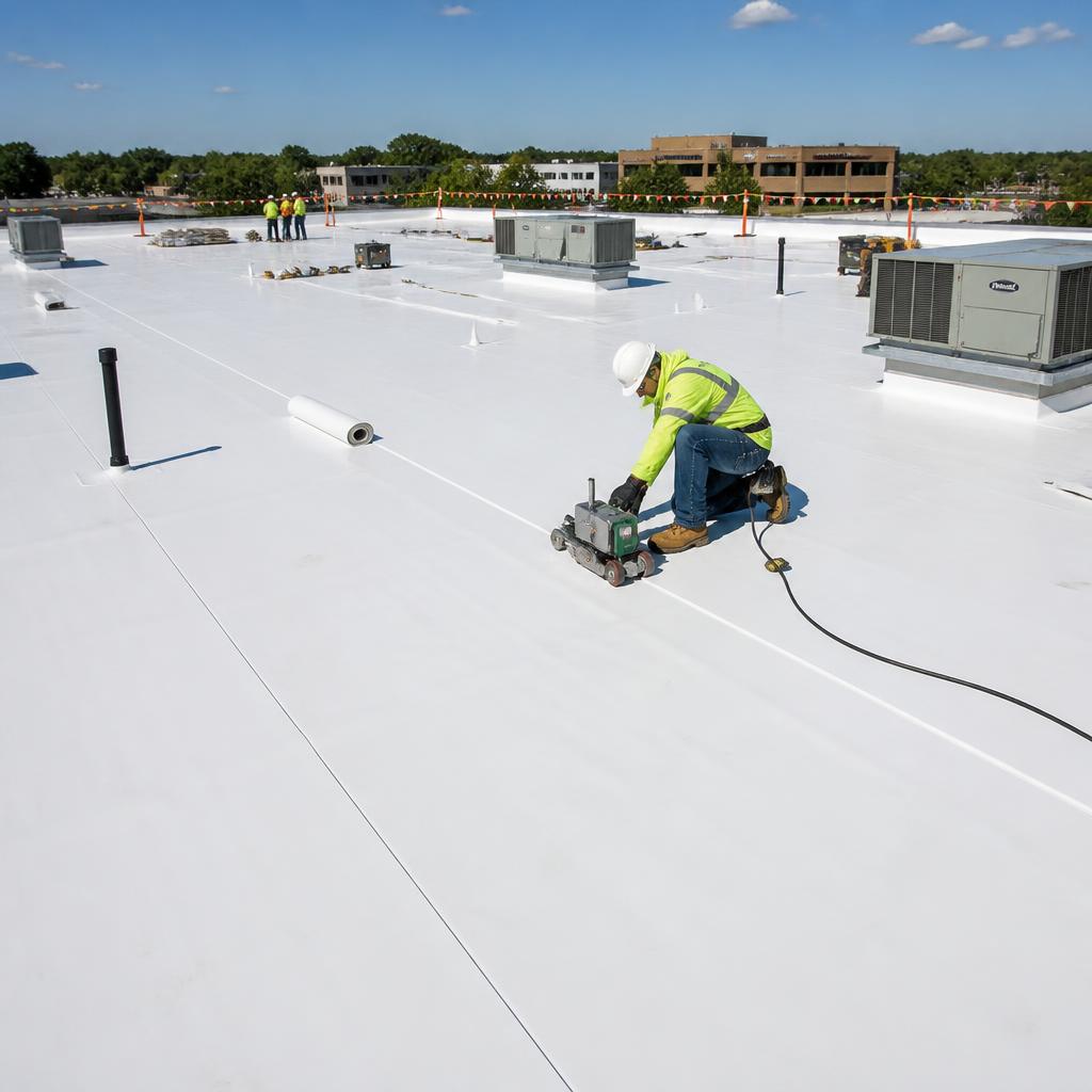 Commercial flat TPO roof installation